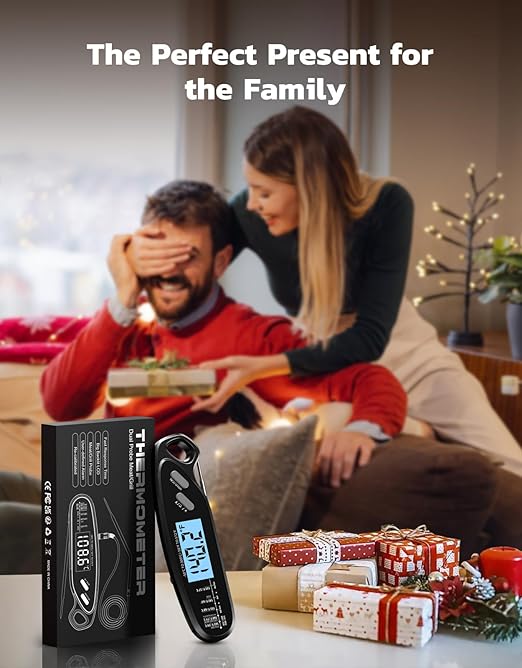 Instant Read Meat Thermometer Digital with Dual Probe, Food Thermometer for Cooking & Grilling, Large Backlit & Calibration, Grill Thermometer for Outside/Kitchen/Oven//Smoker/BBQ/Baking, Black