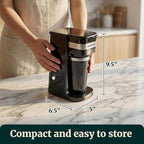 Elite Gourmet EHC113 Personal Single-Serve Compact Coffee Maker Brewer Includes 14Oz. Stainless Steel Interior Thermal Travel Mug, Compatible with Coffee Grounds, Reusable Filter, Black
