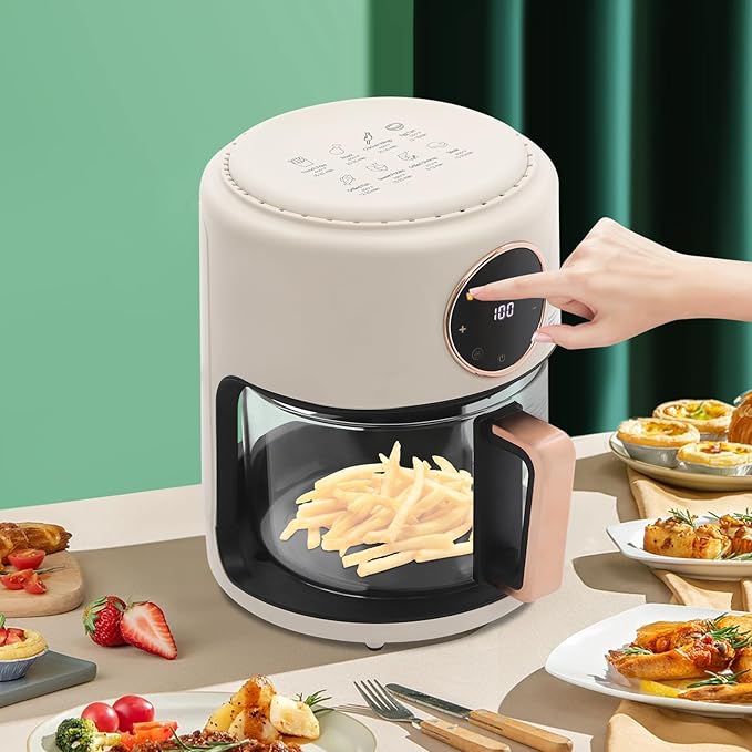Glass Air Fryer 3.81QT with 360° View, 1200W Touchscreen & 8 Presets, Borosilicate Glass Pot for Healthy Frying, Family Kitchens, Restaurants (White)