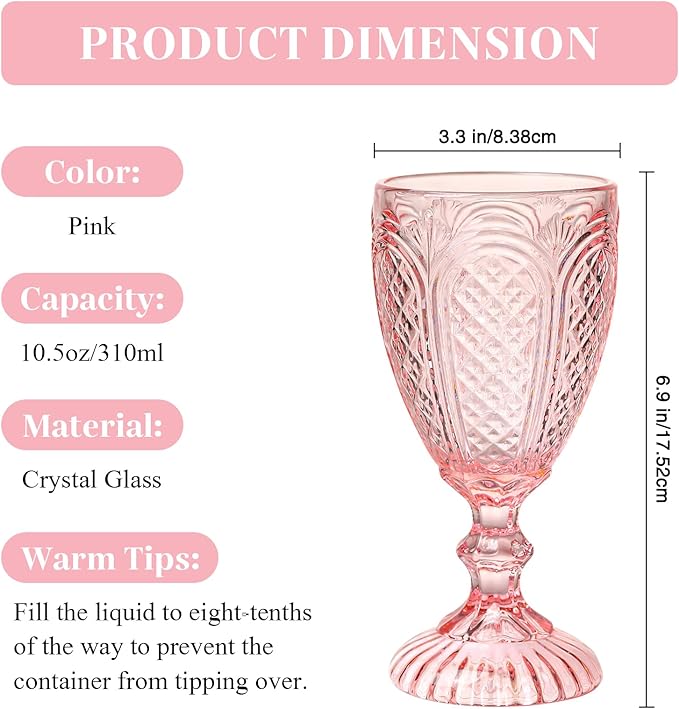 Colored Vintage Wine Glasses Set of 6 – 10.5 Ounces Colored Glass Water Goblets, drinking glasses for Mothers Day, Wedding, Holiday, or Fancy Glassware for everyday