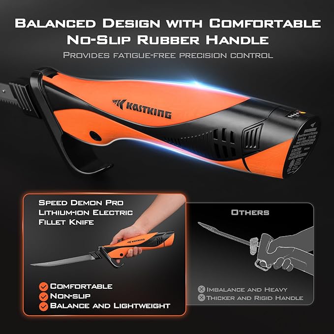 KastKing Speed Demon Pro Lithium-ion Electric Fillet Knife - Cordless Rechargeable Fishing Knife with 4 Blades, High Torque Motor with Extended Battery Life, Ergonomic Handle and Custom Carry Case