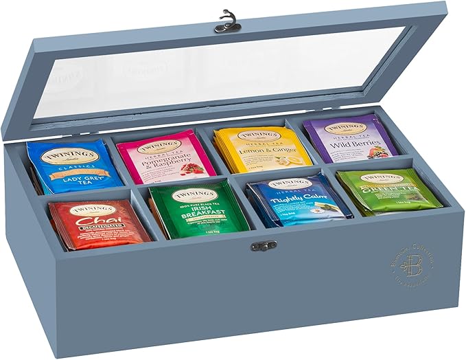 Tea Bag Organizer - Grey Bamboo Tea Box Organizer Storage Box, Tea Bag Holder with Acrylic Window, Magnetic Lid Keeps Tea Bags Fresh - Tea Organizer Caddy (Tea Not Included) Christmas Gift - Gray