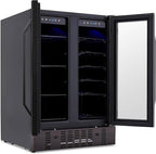NewAir 24" Dual Zone Wine and Beverage Refrigerator, 18 Bottle & 58 Can, French Door Built-In Fridge with Lock, Black Stainless Steel Cooler, Digital Thermostat, Adjustable Shelves