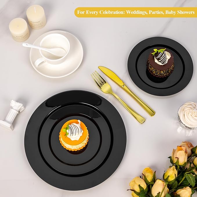 Goodluck 200PCS Black Plastic Plates, Heavy Duty Disposable Gold Plates with 100 10.25 inch Dinner Plates and 100 7.5 inch Dessert Plates for Party, Holiday, Wedding, Thanksgiving