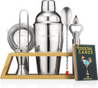 Cocktail Shaker Set Bartender Kit with Bamboo Stand – Professional Martini Shaker, Premium Stainless Steel Shaker Bottle, Complete Bar Accessories Gift Set and Mixology Kit for Home Bar & Drink Mixing