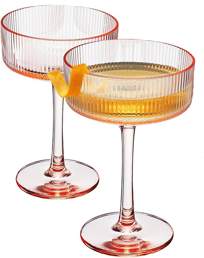 Khen Shatterproof Acrylic Ribbed Vintage Art Deco Martini, Champagne & Cocktail Coral Peach Pink Plastic Coupe Glasses | Set of 2 | 8 oz Ripple Glassware Indoor & Outdoor Gift