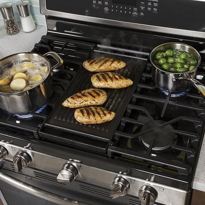 Upgraded WB31X24998 Reversible Griddle Replacement for GE Stove Parts Cast Iron Griddle Plate WB31X24738 JXGRILL1 GE Gas Range Cooktop Parts Genuine Stove Top Burner Griddle Center Flat Top Pan