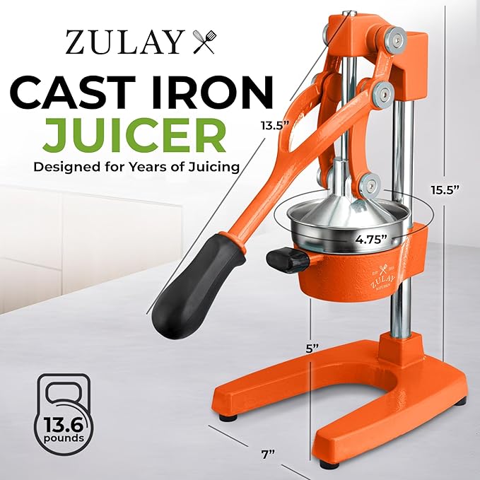 Zulay Kitchen Cast Iron Juicer - Easy-to-Clean Heavy-Duty Manual Juicer, Professional Citrus Juicer - Stainless Steel Lemon Squeezer - Manual Citrus Press & Orange Squeezer - Orange Juicer (Orange)