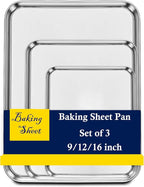 Set of 3 Baking Sheet, Stainless Steel Cookie Sheet Baking Sheet Pan, 9/12/16 Inch Cookie Tray Pans for Baking, Non Toxic & Easy Clean