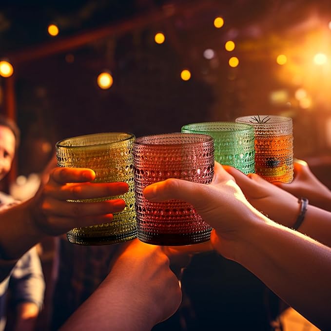 KMIGRUAN Colored Hobnail Drinking Glasses Set of 6,12oz Vintage Kitchen Glassware,Embossed Beaded Glass Cups,Water Tumbler for Cocktail,Juice and Various Mixed Drinks