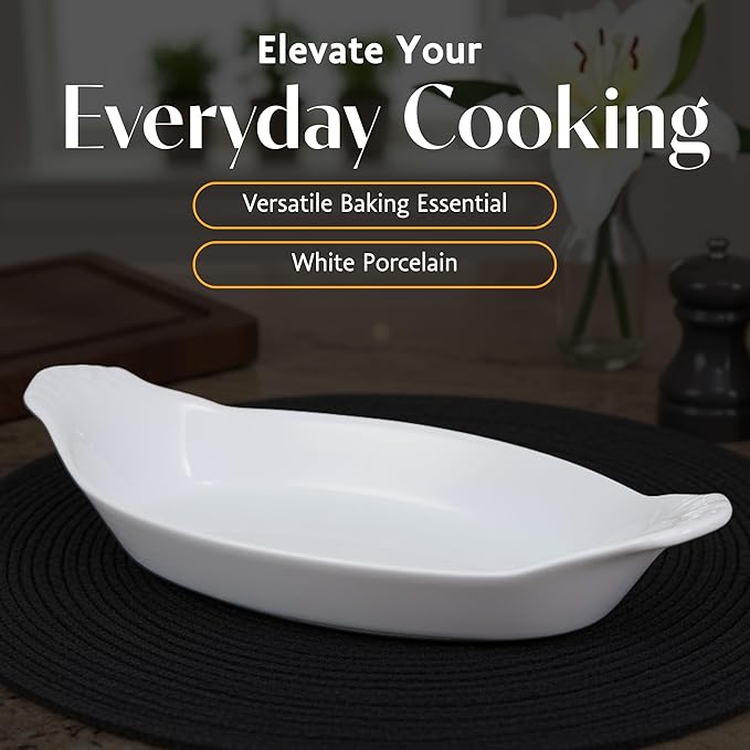 BIA Cordon Bleu Oval Au Gratin, Set of 4-10oz White Porcelain Ramekins with Glossy Finish - Microwave, Oven & Dishwasher Safe Small Baking Dishes for Appetizers, Sides & Gifting - 10" x 5.25"