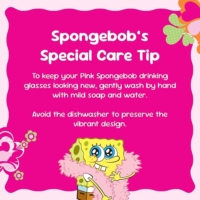 Dragon Glassware x SpongeBob SquarePants 16 oz Drinking Glasses Set of 2 - Glass Cups with Lids and Straws - Iced Coffee Cups with Lids - Reusable Glass Tumbler with Straw and Lid - SpongeBob - Pink