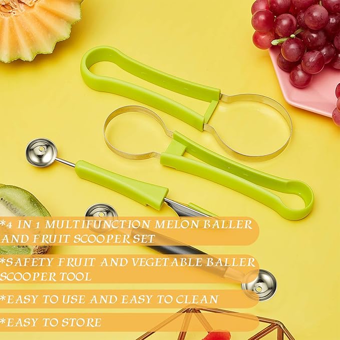 Patelai 2 Pieces Melon Baller Scoop Set, 4 in 1 Fruit Cutters Stainless Steel Watermelon Scooper and Ice Cream Baller for Dig Pulp Separator Fruit Slicer