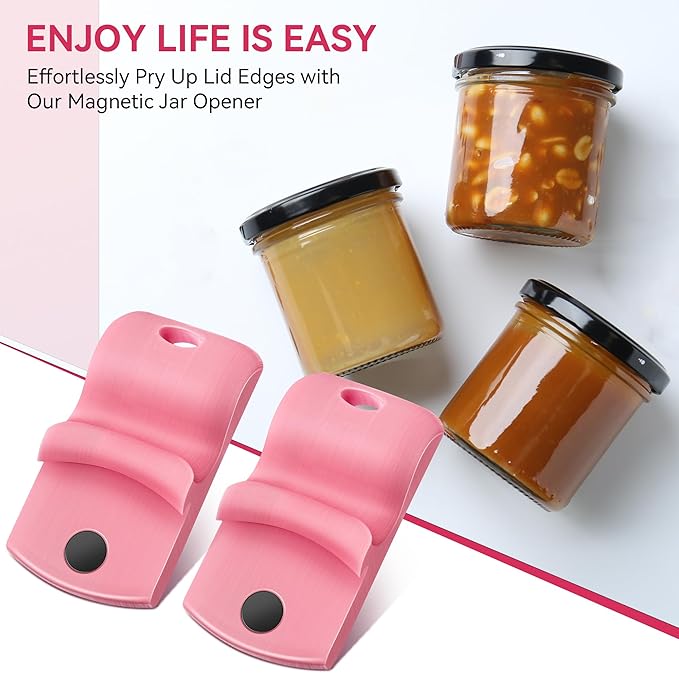 2 Pack Canning Jar Opener with Magnets, Mason Jar Opener For Canning Lids, Regular and Wide Mouth Lids, Powerful Magnet for Easy Refrigerator Storage, Releases Vacuum Seal– Patent Pending(Pink)