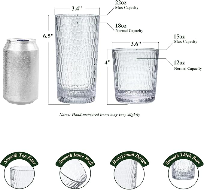 15oz and 22oz Clear Acrylic Glasses Drinkware (Set of 8), Honeycomb Stackable Shatter-Proof Plastic Tumblers, Reusable Plastic Drinking Glasses, BPA-Free, Dishwasher-Safe