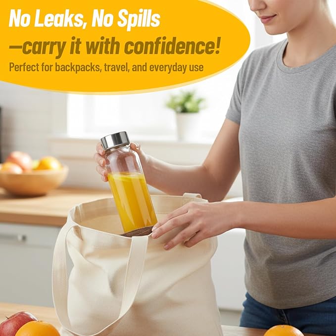 10 oz Clear Glass Bottle with Lid, Reusable Glass Water Bottles with Stainless Steel Cap & Straws for Juicing, Milk, Ginger & Smoothies, Refrigerator, Leak-Proof, Juice Containers Set of 12