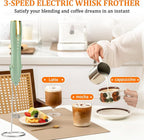 TonJin Frother Wand Rechargeable USB-C Milk Frother Handheld Mixer Electric with 2 Whisk Heads, 3 Speeds Adjustable Coffee Drink Mixer with Stand for Lattes, Matcha, Hot Chocolate, Egg, Matcha(Green)
