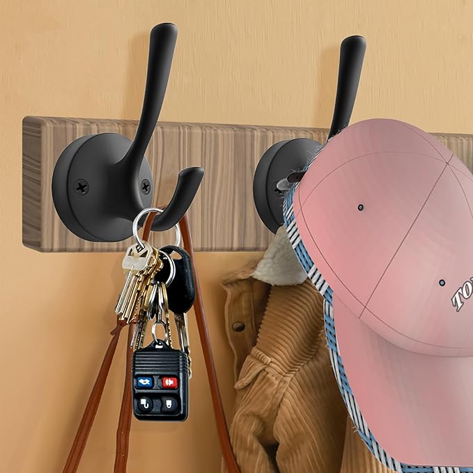 Black Towel Hooks, 2 Pack Coat Robe Hook Heavy Duty Metal Double Bathrobe Hook Wall Mounted, Hand Towels Hooks for Cubicle Bathroom Kitchen Closet Garage