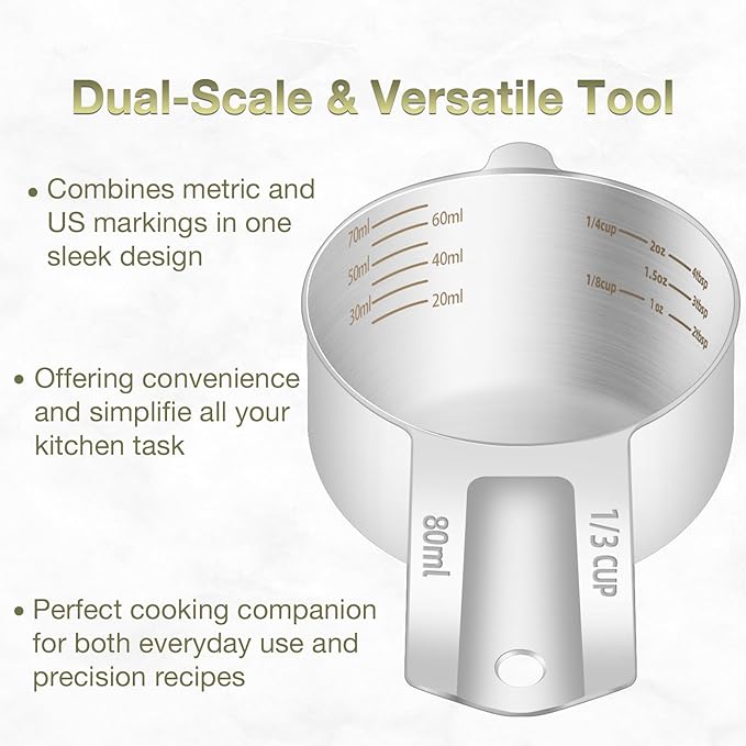 1PCS 1/3Cup (80ml, 2.6oz) Single Measuring Cup, Etched Inner Scale Stainless Steel Measure Scoop, Metric and US Measurement, Dishwasher Safe