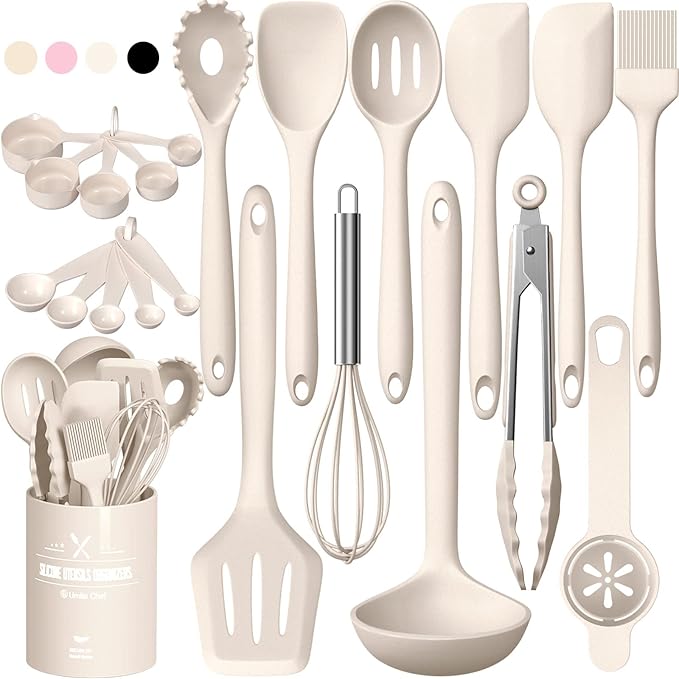 Umite Chef 22-Piece Silicone Cooking Utensils Set，Heat Resistant & Dishwasher Safe Kitchen Tools, Black Non-Scratch Spatula Set for Nonstick Cookware (Khaki)