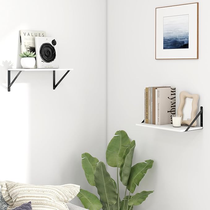 Fun Memories Deep Floating Shelves for Wall, 16W x 8D Wall Mounted Shelves Set of 2, Wide Display Ledge Shelf with Sturdy Metal Brackets for Living Room, Bathroom, Bedroom and Kitchen, White