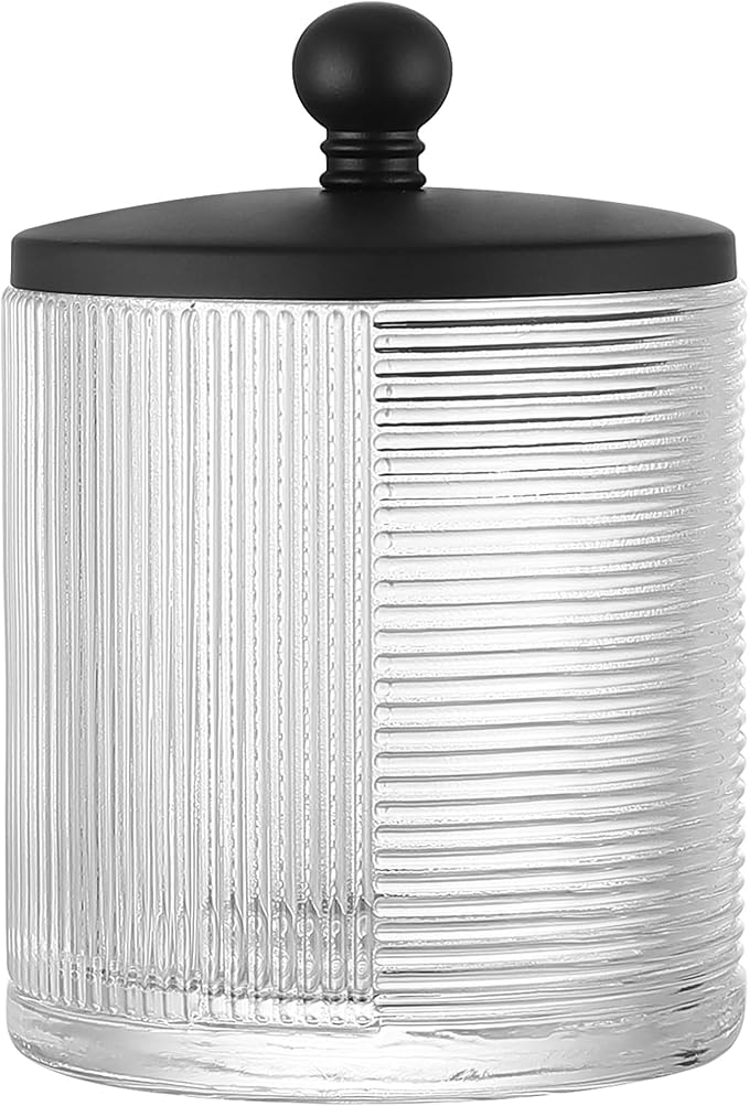 Clear Transparent Apothecary Ribbed Geometric Etched Glass Jar W/Matte Black Metal Lid Cover for Bathroom Organization, Cotton Balls, Q Tips, and Small Accessories, Bathroom Storage