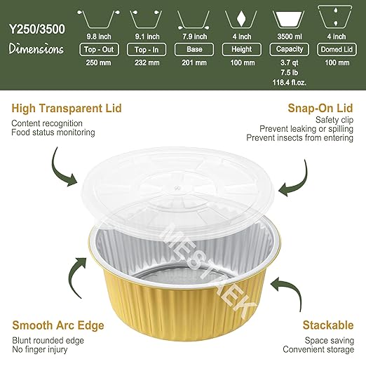 10" Deep Round Aluminum Foil Pans with Lids (5 Pack), Heavy Duty Grease-Resistant Containers for Baking, Heating, Meal Prep & Food Storage, 4" Depth, 118oz