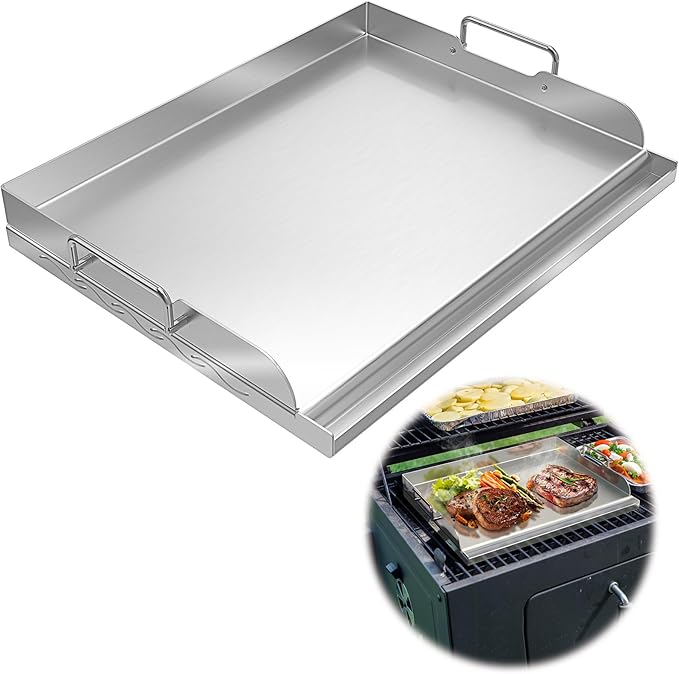 Universal Stainless Steel Griddle Flat Top Plate with Even Heating Bracing for BBQ Charcoal and Gas Grills, Camping, Tailgating, and Parties,with Grease Groove and Removable Handles (23" x 16")