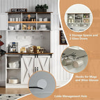4ever2buy Farmhouse Coffee Bar Cabinet with Sliding Barn Doors, 72'' Hutch Cabinet with Storage, White Bar Cabinet with Glass Doors and Wine Rack, Tall Wine Bar for Living Dining Room
