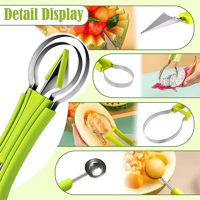 Suuker Melon Baller Scoop Set,4 In 1 fruit cutters shapes, watermelon scooper fruit scooper and baller, fruit carving tools（Green）