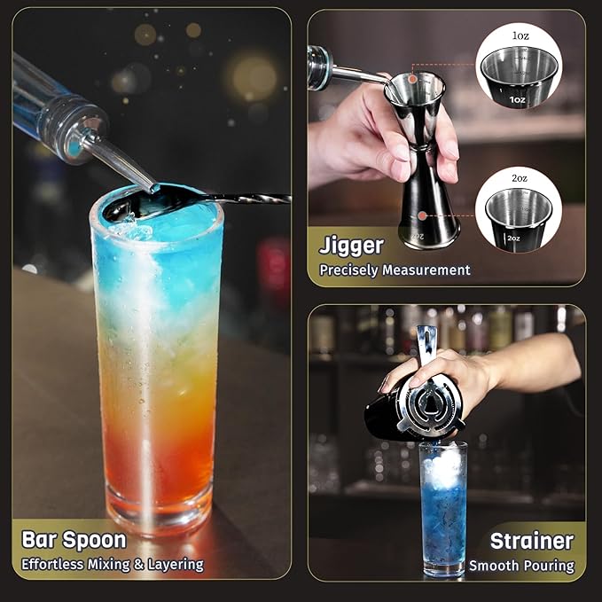 Professional Cocktail Shaker Set, 4-Piece Bar Set, Ideal Bartender Kit with Stainless Steel Boston Shaker, Jigger, Bar Spoon & Hawthorne Strainer, Dishwasher-Safe Bar Tools Set, Black