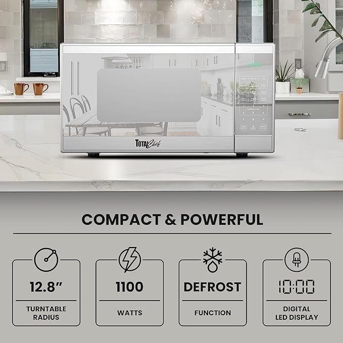 Total Chef 1.3 Cu Ft Microwave Oven – Compact Countertop Microwave, Small Stainless Steel Kitchen Appliance with Digital Touch, Pre-Set Functions, 12.8” Turntable, 1100 Watt, Microondas Pequeños