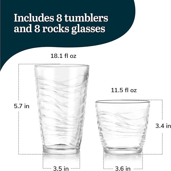 Libbey Orbita Rocks and Tumbler Drinking Glasses Set of 16, Durable Glass Cups Set with Wave Pattern, Glassware Drinking Glasses for Any Occasion