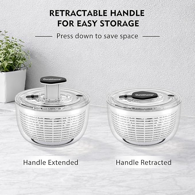 Ourokhome Salad Spinner Lettuce Dryer, One-handed Easy Press Large Vegetable Dryer Salad Mixer with Comfortable and Retractable Pusher and Brake Button for Greens, Herb, Berry, Fruits, 3.8 QT, Black
