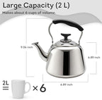 Lily's Home Whistling Tea Kettle for Stovetop, 2 Quart Stainless Steel Water Kettle with Loud Whistle, Cool-Touch Handle & Induction Compatible Base - For Gas, Electric, & Induction Cooktops