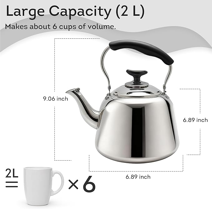 Lily's Home Whistling Tea Kettle for Stovetop, 2 Quart Stainless Steel Water Kettle with Loud Whistle, Cool-Touch Handle & Induction Compatible Base - For Gas, Electric, & Induction Cooktops