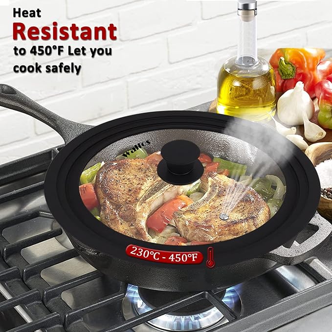 Universal Lid for Pots, Pans and Skillets - Tempered Glass with Heat Resistant Silicone Rim, Fits 10", 11" and 12" Diameter Cookware, Round