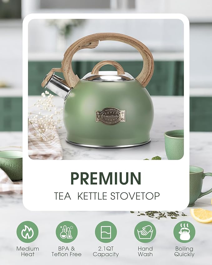 Hauce Radio Tea Kettle Stovetop, 2.1 Quart Stove Top Whistling Tea Kettle, Teapot Kettles with Food Grade Stainless Steel and Wood Pattern Folding Handle, Suitable for All Heat Sources