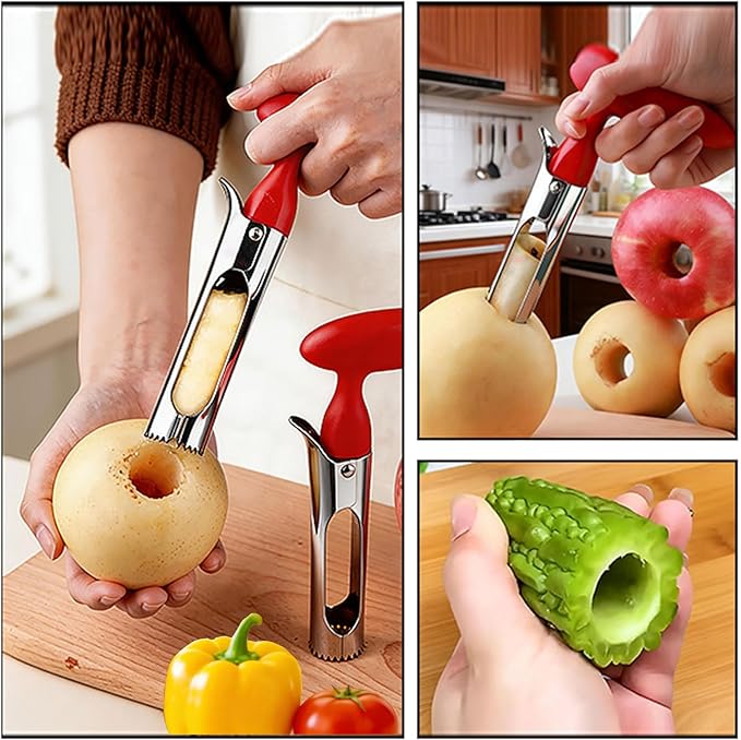 Premium Apple Corer Tool - Ergonomic Non-Slip Handle and Sharp Serrated Blades, Food-Grade Stainless Steel Fruit Core Remover, Kitchen tools for Apples, Pears, Bell Peppers and More, Red