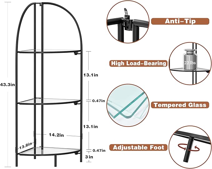 Crofy Foldable 3 Tier Corner Shelf, Metal Corner Plant Stand with Black Frame and Transparent Shelves, Corner Display Rack Multipurpose Shelving Unit for Living Room, Bedroom, Bathroom