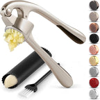 Zulay Kitchen Premium Garlic Press Set - Rust Proof Professional Garlic Mincer Tool - Easy-Squeeze, Easy-Clean with Soft, Ergonomic Handle - Silicone Garlic Peeler & Brush (Silver)
