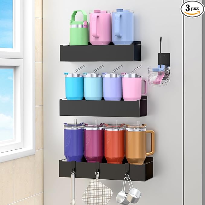 Metal Magnetic Water Bottle Holder for Refrigerator, Cup Holder Organizer for Stanley and Tumbler for Kitchen, 3 Pack, Jet Black