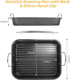 Nonstick Roasting Pan with Rack, 14.5x11.4’’ Baking Pan for Oven with Rack & Silicon Hand Clip, Heavy Duty Dishwasher Safe Rectangular Lasagna Pan with Handle for Turkey Chicken, Dark Grey