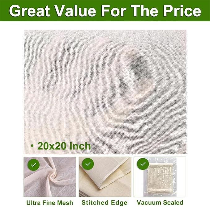 6 Pcs Cheese Cloths, 20x20 Inch, 100% Unbleached Cotton, Grade 100 Reusable Cheese Cloth With Fabric Fine Mesh Cloth, Reusable Muslin Cheesecloth for Straining, Juicing, Cooking, Baking