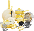 GreenLife 16 Piece Nonstick Cookware Set, Soft Grip Non-Toxic PFAS-Free Ceramic Pots & Pans, Dishwasher & Oven Safe, Frying, Sauce, Saute, Utensils, Glass Lids, Stay-Cool Handles, Wobble Free, Yellow