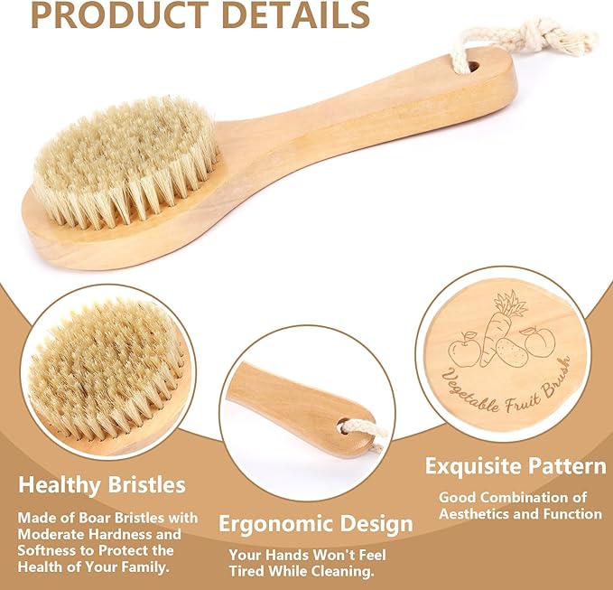 Vegetable Brush, Cleaning Brush with Long Handle for Potato Carrot Cucumber and Fruits Veggie Wash Brushes Wooden Dish Brush for Pans Pots Fruits Vegetable