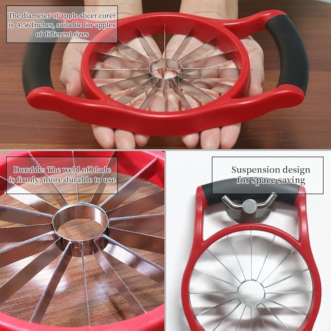 Newness 5.12 Inch Extra Large Apple Slicer, 16-Slices Heavy Duty Apple Cutter, Durable Apple Corer, Stainless Steel Apple Slicer and Corer - for Apple, Potato, Onion and More, Red