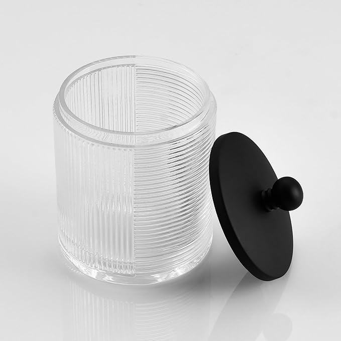 Clear Transparent Apothecary Ribbed Geometric Etched Glass Jar W/Matte Black Metal Lid Cover for Bathroom Organization, Cotton Balls, Q Tips, and Small Accessories, Bathroom Storage
