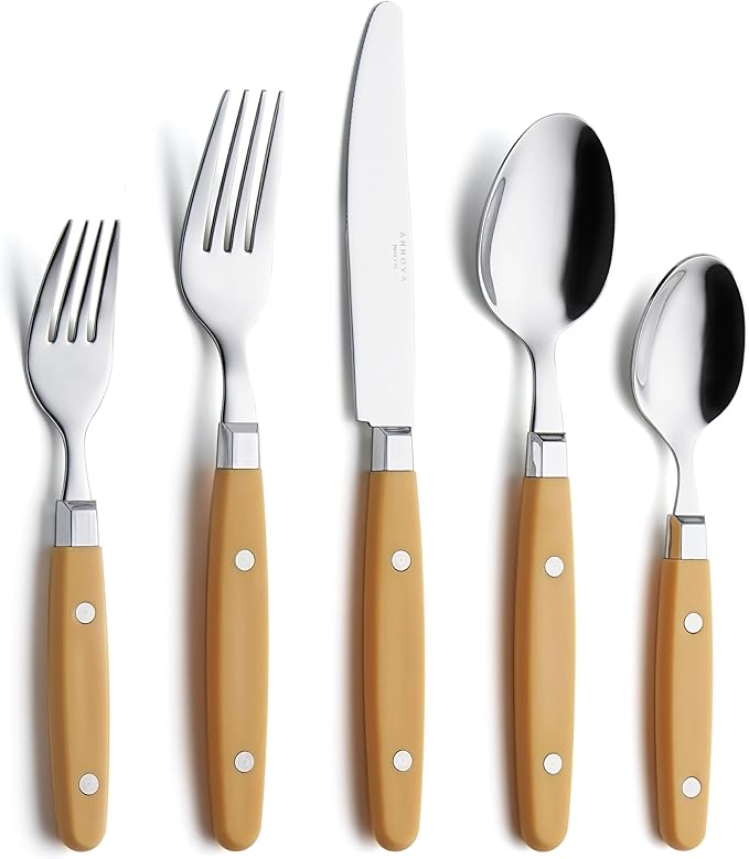 ANNOVA Silverware Set, Retro/Rivet Colorful Stainless Steel Tableware Kitchen Flatware Set Utensils, Includes Dinner Knives, Forks, Spoons, Salad Forks & Dessert Spoons (Ginger Yellow, 20 Pieces)
