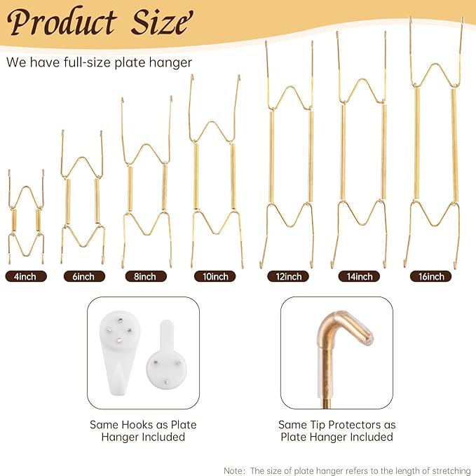 3 Pack 6/8/10 Inch Plate Wall Hangers for Display, Stainless Steel Hangers for Display with 1 Small Hook & 2 Medium Hooks for Plates/Platter/Dish/Picture（6''x1/8''x1/10''x1）